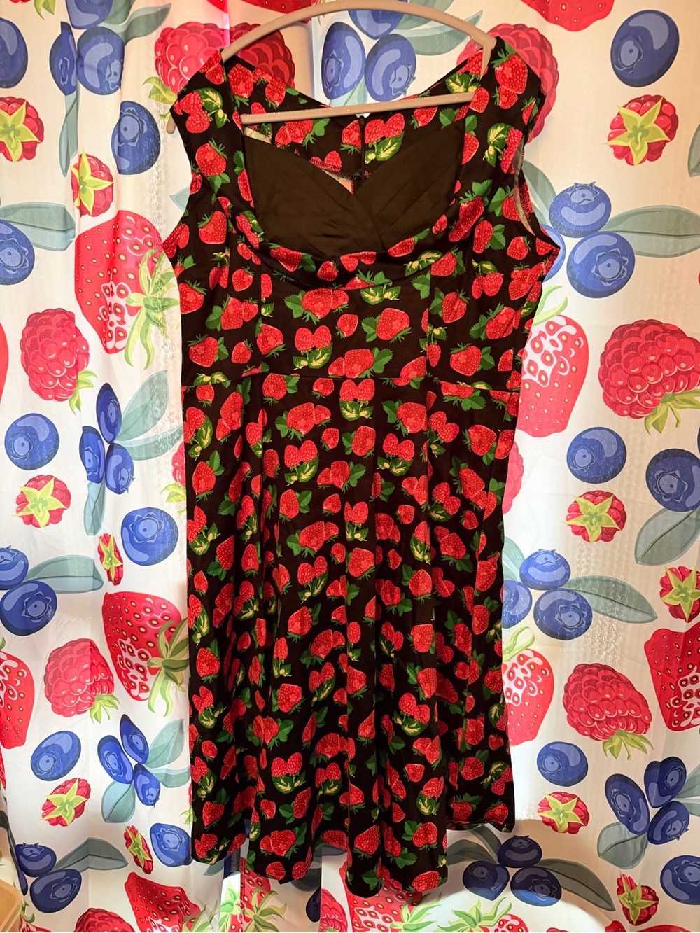 Black Strawberry Print Fit-and-Flare Dress